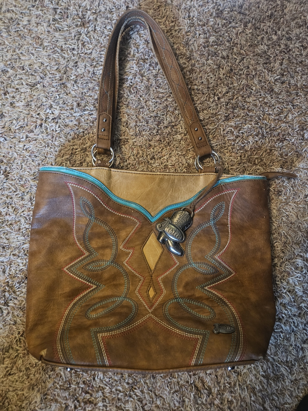 Justin Boots Brown Leather Tote with Turquoise Trim